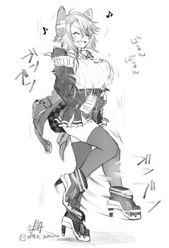 1girl blush boots bouncing_breasts breast_pocket breasts closed_eyes collared_shirt dancing fang gloves greyscale headgear highres jacket kantai_collection large_breasts meme miniskirt monochrome musical_note nmz_(namazu) open_clothes open_jacket open_mouth pleated_skirt pocket shirt shirt_tucked_in shoot_dance_(meme) skin_fang skirt solo standing standing_on_one_leg tenryuu_(kancolle) tenryuu_kai_ni_(kancolle) thighhighs twitter_username