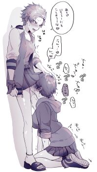 2girls against_wall anklet arm_at_side bandana_around_arm between_legs blush breasts cleavage collarbone cropped_jacket cunnilingus eyelashes full_body furrowed_brow genderswap genderswap_(mtf) grin hand_between_legs hand_on_another&#039;s_head harai_kuko heart high_heel_sandals high_tops highres hypnosis_mic implied_masturbation jacket jacket_over_hoodie jewelry looking_at_another medium_breasts monochrome motion_lines multiple_girls multiple_piercings nbnekochan oral pleated_skirt plug_(piercing) pussy_juice saliva sandals seiza shiny_skin shoes short_sleeves simple_background sitting skirt skirt_rolled_up sleeves_rolled_up smile sneakers sound_effects speech_bubble spoken_heart standing standing_cunnilingus sukajan sweat tongue tongue_out translation_request trembling twitching white_background yamada_ichiro yuri