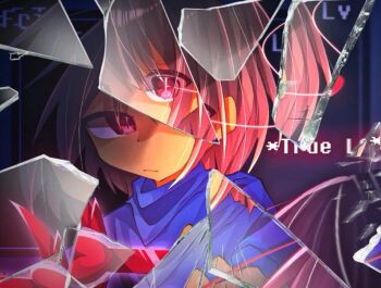 1boy blue_shirt broken_glass broken_glasses brown_hair frisk_(undertale) glass glitchtale purple_shirt red_eyes shirt undertale utdr_(toby_fox)