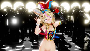 1girl 3d animal_ear_fluff animal_ears belly blonde_hair blush clown_girl clown_hat crying crying_with_eyes_open fennec fox_ears fennec_fox fox_tail fox fox_girl hair_ornament highres hololive navel no_panties no_pants omaru_polka out-of-frame_censoring photographer purple_eyes solo_focus standing tail tears u30a2u30c0u30e0u30b9u30dfu30b9 virtual_youtuber