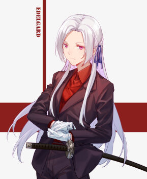 Rule 34 | 1girl, absurdres, alternate costume, alternate universe, black pants, black suit, breasts, character name, chinese commentary, closed mouth, collared jacket, collared shirt, commentary request, edelgard von hresvelg, english text, expressionless, fire emblem, fire emblem: three houses, flower, formal clothes, gloves, hair ribbon, head tilt, highres, jacket, katana, long hair, long sleeves, looking to the side, nintendo, open clothes, open jacket, pants, parted bangs, purple eyes, purple flower, purple rose, red shirt, ribbon, rose, shade, shirt, small breasts, solo, standing, suit, suit jacket, sword, upper body, very long hair, walluka, weapon, white gloves, white hair