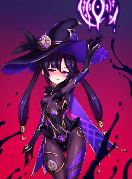 1girl absurdres blush bodysuit breasts cape corruption dark_persona entenca genshin_impact gloves hair_ornament hat highres jewelry long_hair looking_at_viewer medium_breasts mona_(genshin_impact) purple_eyes purple_hair shiny_clothes smile solo thighlet twintails very_long_hair yandere_trance