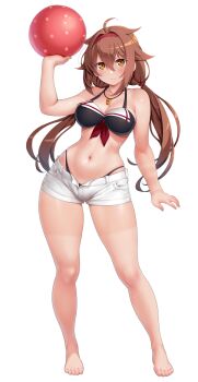 Rule 34 | 1girl, ball, barefoot, beachball, bikini, bikini bottom under shorts, bikini under clothes, black bikini, breasts, brown eyes, brown hair, closed mouth, dd (ijigendd), full body, hairband, highleg, highleg bikini, highres, holding, holding ball, holding beachball, kantai collection, large breasts, long hair, looking at viewer, low twintails, navel, red hairband, shiratsuyu (kancolle), shiratsuyu (swimsuit) (kancolle), shiratsuyu kai ni (kancolle), short shorts, shorts, simple background, solo, standing, swimsuit, toes, twintails, whistle, whistle around neck, white background, white shorts