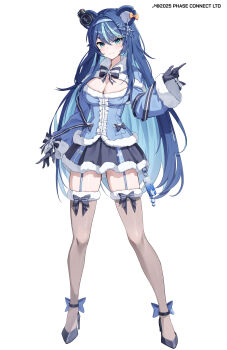1girl absurdres bear_girl black_bow black_gloves black_shoes black_skirt blue_bow blue_eyes blue_garter_straps blue_hair bow breasts cleavage closed_mouth colored_inner_hair commentary copyright_notice english_commentary footwear_bow fujikura_uruka full_body fur-trimmed_skirt fur-trimmed_thighhighs fur_trim gloves hair_ornament hairband headphones high_heels highres kurimui2 long_hair multicolored_hair phase_connect shoes skirt smile solo streaked_hair thighhighs two-tone_bow virtual_youtuber white_background white_bow yellow_bow