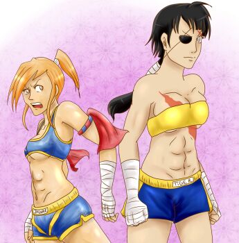 Rule 34 | 2girls, abs, adon (street fighter), bad id, bad pixiv id, black hair, breasts, capcom, eyepatch, gender request, genderswap, hand wraps, high ponytail, highres, hip focus, legs, lips, midriff, multiple girls, muscular, navel, orange hair, ponytail, sagat, scar, shorts, sports bra, strapless, street fighter, street fighter i, tube top, underboob, wrist wrap