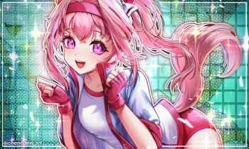 1girl animal_ears blush bow breasts buruma chenchen collarbone commentary_request ear_bow ear_covers fingerless_gloves flower-shaped_pupils flower_in_eye gloves hairband haru_urara_(bestest_prize)_(umamusume) haru_urara_(umamusume) headband highres horse_ears horse_girl horse_tail jacket long_hair looking_at_viewer open_mouth pink_buruma pink_eyes pink_hair pink_headband ponytail red_buruma red_gloves red_headband shirt smile solo sparkle symbol-shaped_pupils symbol_in_eye tail umamusume white_jacket white_shirt