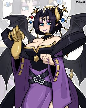 1girl absurdres bare_shoulders black_hair blue_eyes breasts cleavage demon_girl demon_horns demon_wings digimon digimon_(creature) eyeshadow facial_mark forehead_mark hair_ornament highres horns large_breasts lilithmon looking_at_viewer makeup muds pointy_ears purple_eyeshadow purple_lips short_hair solo wings