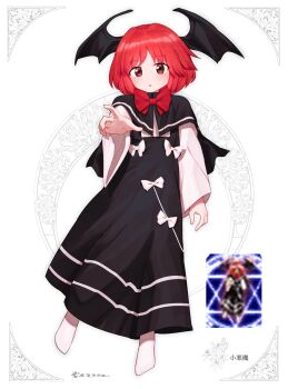 Rule 34 | 1girl, :o, absurdres, black capelet, black dress, blush, bow, bowtie, capelet, commentary request, demon wings, dress, embodiment of scarlet devil, expressionless, full body, hand up, head wings, highres, koakuma, long sleeves, medium hair, miraclevoltage, parted lips, red bow, red bowtie, red eyes, red hair, reference inset, shirt, socks, solo, touhou, white shirt, white socks, wings, zun (style)
