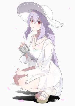 1girl absurdres atsuko_(blue_archive) atsuko_(swimsuit)_(blue_archive) bikini blue_archive breasts camera frilled_bikini frills hat highres holding holding_camera jewelry long_hair looking_at_viewer medium_breasts nail_polish necklace official_alternate_costume ponytail purple_hair red_eyes sandals see-through_clothes sidelocks simple_background solo squatting sun_hat swimsuit toenail_polish toenails toes white_background white_bikini white_hat x_am