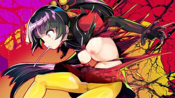 1girl alice_soft black_gloves black_hair black_sailor_collar blunt_bangs breasts breasts_out colorful_background constricted_pupils dohna_dohna_issho_ni_warui_koto_o_shiyou dress dynamic_pose elbow_gloves flying_spittle game_cg gloves hair_ornament injury long_hair navel nipples no_bra official_art onono_imoko open_mouth pain pantyhose pleated_dress ponytail red_dress sailor_collar sailor_dress short_sleeves solo spitting torn_clothes torn_dress torn_pantyhose tsuina_(dohna_dohna) variant_set wide-eyed yellow_leggings