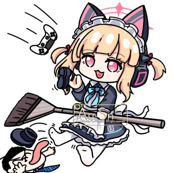 1boy 1girl :3 :d ^_^ absurdres animal_ear_headphones animal_ears apron aqua_bow aqua_bowtie artist_name back_bow black_dress black_hair black_shoes blonde_hair blue_archive blue_necktie bow bowtie broom cat_ear_headphones cat_ears chibi chinese_commentary closed_eyes collared_dress commentary_request contrast_collar controller doodle_sensei_(blue_archive) dress fake_animal_ears frilled_apron frilled_dress frills full_body game_controller hair_bow halo hand_up headphones heart heart_in_mouth highres holding holding_broom holding_shoes holding_unworn_clothes long_sleeves maid maid_apron maid_headdress merchandise_available momoi_(blue_archive) momoi_(maid)_(blue_archive) motion_lines necktie no_shoes number_print official_alternate_costume official_alternate_hairstyle open_mouth pantyhose pink_eyes pink_halo playstation_controller puffy_long_sleeves puffy_sleeves red_bow sensei_(blue_archive) shoes short_hair short_twintails sidelocks sitting smile soles solo_focus tongue tongue_out twintails unworn_shoes virtual_pet_(toy) watermark white_apron white_bow white_headdress white_pantyhose yimaxue
