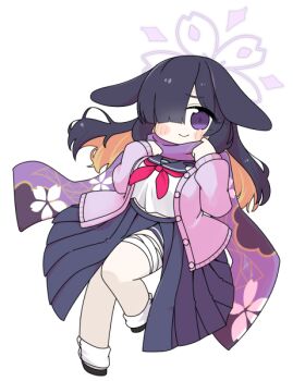 1girl animal_ears bandaged_leg bandages black_hair black_shoes blue_archive blue_sailor_collar blue_skirt blush_stickers breasts brown_hair cardigan closed_mouth floppy_ears full_body hair_over_one_eye halo hands_up large_breasts long_hair long_sleeves miranofuudoria multicolored_hair neckerchief open_cardigan open_clothes pink_cardigan pleated_skirt puffy_long_sleeves puffy_sleeves purple_eyes rabbit_ears red_neckerchief sailor_collar school_uniform serafuku shirt shoes simple_background skirt sleeves_past_wrists smile socks solo tsukuyo_(blue_archive) two-tone_hair very_long_hair white_background white_shirt white_socks