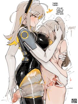 1boy 1girl alterkyon anal_fingering android between_breasts blonde_hair bodysuit breast_smother breasts colored_inner_hair cum elbow_gloves english_text extra_arms face_to_breasts fingering gloves grey_hair head_between_breasts hetero highres joints large_breasts large_penis long_hair maid_headdress multicolored_hair nude original orion_(alterkyon) penis ponytail robophilia robot robot_girl robot_joints sagging_testicles testicles thigh_sex white_gloves yellow_eyes