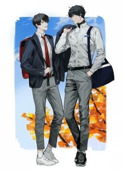 2boys alternate_costume backpack bag belt black_eyes black_hair blackbox_(blackbox9158) blue_jacket border collared_shirt full_body hand_in_pocket jacket jacket_over_shoulder kim_dokja looking_at_another male_focus multiple_boys necktie omniscient_reader&#039;s_viewpoint outdoors outside_border red_necktie shirt shirt_tucked_in shoes short_hair shoulder_bag sneakers standing unworn_jacket white_border white_shirt yoo_joonghyuk