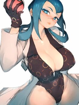 1girl blue-tinted_eyewear blue_eyes blue_hair blue_necktie breasts cleavage coat covered_erect_nipples fumio_(rsqkr) glasses gloves hair_rings highres knee_brace lab_coat large_breasts long_hair long_sleeves looking_at_viewer mable_(pokemon) narrow_waist necktie nintendo open_clothes open_coat partially_unbuttoned pokemon pokemon_legends:_z-a safety_glasses shirt simple_background solo team_flare team_flare_uniform thick_thighs thighs tinted_eyewear white_background white_coat wide_hips