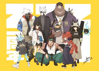 4boys 4girls ^_^ alternate_costume animal_ears anton_ivanov arm_tattoo backpack bag bag_charm bangboo_(zenless_zone_zero) ben_bigger billy_kid black_choker black_coat black_hair black_nails black_shoes black_skirt blue_skin charm_(object) choker closed_eyes clothes_writing coat collared_shirt colored_skin cup dated ears_through_headwear ellen_joe eous_(zenless_zone_zero) fox_ears fox_girl furry furry_male hand_in_pocket hand_on_another&#039;s_shoulder headband highres holding holding_cup holding_weapon hood hood_down hoodie horns hoshimi_miyabi jacket jewelry jong_tu koleda_belobog long_hair long_sleeves miniskirt multicolored_hair multiple_boys multiple_girls necklace oversized_clothes oversized_shirt red_eyes red_hair robot_boy sheath sheathed shirt shirt_partially_tucked_in shoes short_hair signature simple_background skirt sneakers socks soukaku_(zenless_zone_zero) spiked_hair squatting standing sukajan sunglasses tail tailless_(zenless_zone_zero) tattoo thumbs_up von_lycaon weapon white_shirt white_shoes wolf_boy zenless_zone_zero