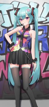 1girl amaama_(beccyonaika1) aqua_hair arm_tattoo black_necktie black_skirt black_thighhighs breasts collared_shirt feet_out_of_frame graffiti hair_between_eyes hair_ornament hand_on_own_hip hatsune_miku headset highres light_blush long_hair looking_at_viewer medium_breasts necktie number_tattoo purple_eyes scrunchie shirt skirt sleeveless sleeveless_shirt smile solo speech_bubble_hair_ornament tattoo tell_your_world_(vocaloid) thick_thighs thighhighs thighs twintails very_long_hair vocaloid wrist_scrunchie zettai_ryouiki