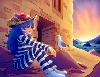 Rule 34 | 1girl, :|, absurdres, bird, blue hair, breasts, brick wall, closed mouth, commentary, commission, dang (runescape), dawn, duellist's cap (tier 6), english commentary, expressionless, grace sunny13, gradient sky, hair between eyes, hat, highres, horizon, island, long hair, medium breasts, morning, mountainous horizon, ocean, old school runescape, orange eyes, orange sky, original, outdoors, pants, prison, prison cell, prison clothes, prisoner, rock, runescape, sand, seabird, seagull, second-party source, shirt, shoes, sitting, sitting on object, sky, solo, spiked ear piercing, star (sky), striped clothes, striped pants, striped shirt, sun, sunlight, sunrise, thick eyebrows, white shoes, yellow eyes