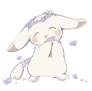 animal_focus chiko_(chi_p_71) closed_mouth commentary_request flower flower_on_head full_body gen_1_pokemon highres holding nintendo no_humans peakychu pikachu pokemon pokemon_(creature) pokemon_focus simple_background standing white_background