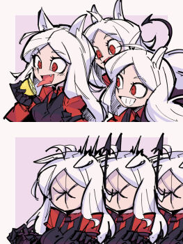 2koma 3girls absurdres anatomical_nonsense animal_ears black_gloves black_vest cerberus_(helltaker) comic demon_girl demon_tail dog_ears dog_girl food fruit gloves helltaker highres holding holding_food lemon licking licking_lemon long_hair long_sleeves meme multiple_girls open_mouth phantom_ix_row puckered_face red_eyes red_shirt shared_sense shirt smile sour_(taste) tail thour_(meme) tongue tongue_out triplets vest white_background white_hair