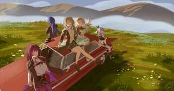 1boy 4girls absurdres aqua_dress aqua_eyes black_jacket black_shoes black_skirt blade_(honkai:_star_rail) blue_hair brown_hair car commentary dress english_commentary firefly_(honkai:_star_rail) grey_hair hair_between_eyes hair_intakes highres honkai:_star_rail honkai_(series) horik_22 jacket kafka_(honkai:_star_rail) long_hair miniskirt motor_vehicle mountain multiple_girls neckerchief on_car open_clothes open_jacket ponytail red_car shirt shoes silver_wolf_(honkai:_star_rail) single_drill skirt stelle_(honkai:_star_rail) trailblazer_(honkai:_star_rail) white_shirt yellow_neckerchief