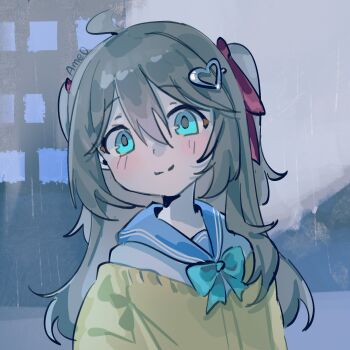 1girl ahoge ame0 aqua_bow aqua_bowtie blue_eyes blue_sailor_collar blush bow bowtie brown_hair building cardigan closed_mouth double-parted_bangs hair_between_eyes hair_ornament hair_ribbon head_tilt heart heart_hair_ornament highres long_hair neuro-sama off-shoulder_cardigan portrait rain red_ribbon ribbon sailor_collar smile solo split_mouth two_side_up vedal_ai yellow_cardigan