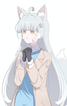 1girl :o absurdres ahoge android animal_ear_fluff animal_ears ariza_dhika artist_name black_gloves blue_sweater blunt_bangs brown_coat buttoned_cuffs buttons coat colored_eyelashes colored_tips commentary crescent crescent_hair_ornament english_commentary expressionless facial_mark fox_ears fox_girl gloves grey_hair grey_tail hair_ornament highres interlocked_fingers joints lapels long_hair long_sleeves looking_ahead multicolored_hair notched_lapels open_clothes open_coat original own_hands_clasped own_hands_together parted_lips robot_joints shinova_(ariza_dhika) skull_hair_ornament sleeve_cuffs solo straight_hair sweater tail_raised triangle triangle_facial_mark two-tone_hair upper_body very_long_hair w_arms white_eyelashes white_streaks wing_collar yellow_eyes