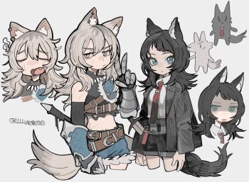 2girls absurdres animal_ear_piercing animal_ears arknights bang_dream! bang_dream!_it's_mygo!!!!! black_hair black_jacket black_shorts blonde_hair blue_eyes blue_shorts censored chinese_commentary commentary_request crop_top detached_sleeves fang girls_band_cry girls_band_cry_rpg grey_eyes grey_hair hair_between_eyes highres jacket kawaragi_momoka kemonomimi_mode llllwewewe long_hair midriff mosaic_censoring multiple_girls navel open_mouth shorts simple_background tail tongue tongue_out v white_background wolf_ears wolf_girl wolf_tail yahata_umiri yahata_umiri_(moonlight_executioner)