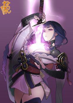 1girl armor blue_pupils breasts closed_mouth commentary_request drawing_sword genshin_impact glowing glowing_eyes holding holding_sword holding_weapon human_scabbard japanese_clothes kimono long_hair looking_at_viewer looking_to_the_side mole mole_under_eye multicolored_eyes musou_isshin_(genshin_impact) neone pauldrons purple_background purple_hair purple_lips raiden_shogun sash shoulder_armor shrug_(clothing) solo sword thighhighs weapon