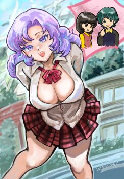 1boy 2girls breasts cleavage collared_shirt fa_yuiry gundam highres kamille_bidan large_breasts looking_at_viewer miniskirt multiple_girls okrdisk2000 pleated_skirt red_skirt rosamia_badam shirt skirt solo_focus white_shirt zeta_gundam