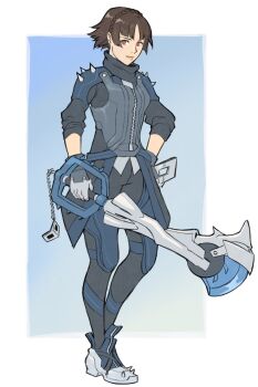 1girl adapted_costume bodysuit braid brown_hair crown_braid full_body gloves highres holding holding_weapon keyblade kingdom_hearts niijima_makoto persona persona_5 queen_(persona_5) radiostarkiller red_eyes short_hair shoulder_spikes simple_background solo spikes standing weapon