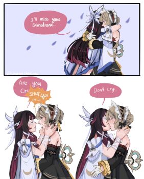 2girls arms_around_neck bakeryowl bare_shoulders black_dress black_hair blush bonnet brown_hair columbina_(genshin_impact) commentary detached_sleeves dress english_commentary english_text genshin_impact gloves highres hug kiss long_hair multiple_girls off-shoulder_dress off_shoulder open_mouth purple_streaks sandrone_(genshin_impact) speech_bubble tears white_dress white_gloves yuri