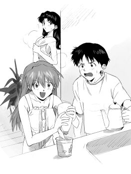 1boy 2girls blush breasts disgust dress experiment food highres ikari_shinji instant_ramen katsuragi_misato kitchen long_hair looking_at_another meccha_kubiitee monochrome multiple_girls neon_genesis_evangelion short_hair smile souryuu_asuka_langley towel towel_around_neck very_long_hair