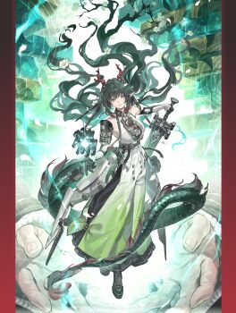 Rule 34 | 1girl, absurdres, arknights, arknights: endfield, bare shoulders, black gloves, black hair, breasts, dragon girl, dragon horns, dragon tail, eastern dragon horns, eastern dragon tail, full body, gloves, gradient pants, green eyes, green hair, green pants, highres, holding, holding sword, holding weapon, horns, jiu jiu jiu jiu, large breasts, long hair, looking at viewer, multicolored hair, pants, pointy ears, red hair, red horns, solo, sword, tail, weapon, zhuang fangyi (arknights)