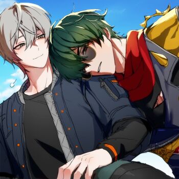 2boys bl_gang12311111 black_jacket black_shirt blue_jacket blue_sky closed_mouth cloud commentary_request green_eyes green_hair grey_hair hair_between_eyes half-closed_eyes head_on_another's_shoulder jacket leather leather_jacket lighter_(zenless_zone_zero) looking_at_another looking_at_viewer male_focus multiple_boys outdoors parted_lips red_pupils red_scarf scarf shirt shoulder_spikes sky smile spiked_jacket spikes sunglasses torn_clothes torn_shirt wise_(zenless_zone_zero) yaoi zenless_zone_zero