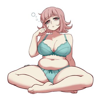 1girl bra breasts brown_hair cleavage danganronpa_(series) danganronpa_2:_goodbye_despair fat flipped_hair full_body green_bra green_panties highres large_breasts looking_at_viewer medium_hair mole mole_on_breast nanami_chiaki navel no_hair_ornament panties parta_228 pink_eyes sleepy solo underwear
