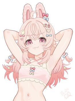 1girl :3 absurdres animal_ears armpits arms_up bow bra braid breasts closed_mouth hair_bow hair_ornament heart heart_hair_ornament highres lastflik long_hair looking_at_viewer phase_connect pink_bra pink_eyes pink_hair pipkin_pippa pipkin_pippa_(1st_costume) rabbit_ears rabbit_girl side_braids small_breasts solo underwear virtual_youtuber