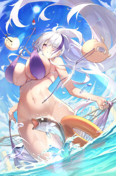 1girl accidental_exposure artist_name azur_lane bare_shoulders bikini blue_sky blush breasts cleavage collarbone commentary day english_commentary eyes_visible_through_hair fish fish_hook fishing fishing_line fishing_rod from_below gainoob groin hair_over_one_eye hammock highres holding_cloth large_breasts lens_flare long_hair looking_to_the_side manjuu_(azur_lane) multicolored_hair navel o-ring o-ring_bikini ocean official_alternate_costume outdoors parted_lips purple_bikini purple_eyes purple_sarong purple_streaks sarong sideboob sidelocks sky standing stomach streaked_hair sun sunlight swim_ring swimsuit thighs underboob untied_bikini_bottom unzen_(azur_lane) unzen_(sojourn_through_clear_seas)_(azur_lane) very_long_hair wading water water_drop wet white_hair