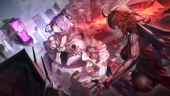 2girls absurdres ahoge armor armored_bodysuit ass black_armor city goddess_of_victory:_nikke hair_intakes heirou highres jellyfish_girl liberalio_(nikke) mechanical_arms multiple_girls nihilister_(nikke) purple_hair red_eyes red_hair