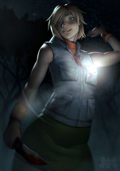 1girl absurdres blonde_hair blood blood_on_clothes blood_on_face blood_on_hands bloody_knife bloody_weapon blurry blurry_background bracelet brown_eyes dark dark_background dirty dirty_clothes dirty_face dirty_hands flashlight fog glowing great_knife hair_between_eyes happy_tears heather_mason highres holding holding_knife horror_(theme) jewelry knife light_areolae light_particles light_rays looking_at_viewer miniskirt motion_blur mrsklll night night_sky open_mouth orange_shirt pov shirt short_hair silent_hill_(series) silent_hill_3 simple_background skirt sky sleeveless sleeveless_turtleneck smile solo solo_focus standing tears tree turtleneck upper_body vest waistcoat watch weapon wristwatch