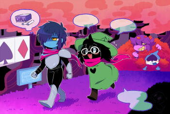 1girl 1other 2boys :3 bano_akira black_fur blue_hair blue_skin blush bush chalk cloak closed_mouth colored_skin commentary_request deltarune forest goat_boy grass green_cloak green_hat hat kris_(dark_world)_(deltarune) kris_(deltarune) lancer_(deltarune) multiple_boys nature open_mouth pink_scarf ralsei ralsei_(hat) red_theme scarf smile speech_bubble susie_(dark_world)_(deltarune) susie_(deltarune) thought_bubble utdr_(toby_fox) walking white-framed_eyewear yellow_eyes