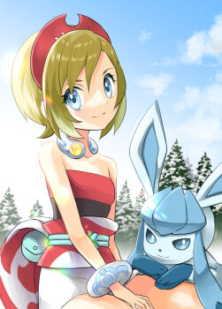bare_shoulders blonde_hair blue_eyes bracelet closed_mouth gen_4_pokemon glaceon hair_between_eyes hairband irida_(pokemon) jewelry looking_at_viewer morisawa_machi nintendo pokemon pokemon_legends:_arceus red_hairband red_shirt shirt short_hair short_shorts shorts sleeveless sleeveless_shirt smile snow_on_tree white_shorts