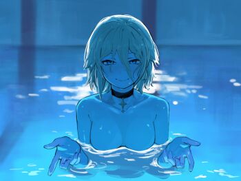 1girl black_choker blonde_hair blue_eyes breasts chainsaw_man choker denied_art highres i&#039;ll_teach_you_everything_(chainsaw_man) kaneko_lumi nude partially_submerged phase_connect pool scene_reference skinny_dipping virtual_youtuber water wet wet_hair