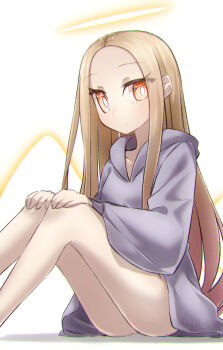 1girl angel_notes angel_wings blonde_hair blush breasts forehead grey_sweater halo hood hooded_sweater long_hair long_sleeves looking_at_viewer parted_bangs sitting small_breasts solo sweater thighs v/v wings yellow_eyes yubeshi_(zecxl)