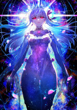 1girl absurdres commentary_request crown dress fate/grand_order fate_(series) gradient_hair hair_ribbon highres kama_(fate) kama_(teenager)_(fate) long_hair looking_at_viewer multicolored_hair purple_dress red_eyes redrop ribbon solo star_(sky)