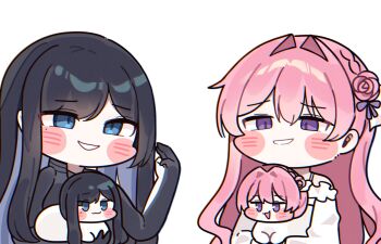 2girls bare_shoulders black_bodysuit black_hair blue_eyes blush_stickers bodysuit commentary creature crossover doro_(nikke) dorothy_(nikke) dress flower-shaped_hair frilled_dress frills goddess_of_victory:_nikke hair_between_eyes hair_bun hair_intakes hand_up highres holding holding_creature long_hair mming_(mmingis18) mole mole_under_eye multiple_girls parted_lips pink_hair purple_eyes purple_ribbon raven_(stellar_blade) ribbon shift_up sidelocks simple_background single_side_bun smirk stellar_blade swept_bangs trait_connection very_long_hair white_background white_dress