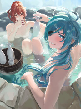 2boys blue_eyes blue_hair blush bottle cup diluc_(genshin_impact) eyepatch genshin_impact glass hair_between_eyes high_ponytail highres holding holding_bottle holding_cup kaeya_(genshin_impact) long_hair looking_at_viewer male_focus mn multiple_boys nude onsen ponytail red_eyes red_hair water