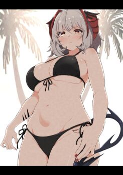 1girl arknights bikini blush breasts commentary_request cowboy_shot demon_girl demon_horns demon_tail front-tie_bikini_top front-tie_top grey_hair heka=ton highres horns large_breasts looking_at_viewer multicolored_hair nail_polish navel orange_eyes outdoors palm_tree red_hair red_nails side-tie_bikini_bottom solo streaked_hair swimsuit tail tree w_(arknights)