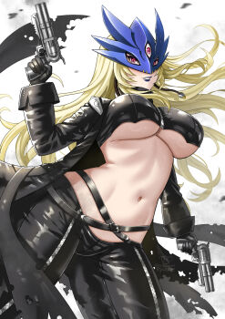 1girl beelstarmon black_coat black_gloves black_pants black_vest blonde_hair breasts coat cowboy_shot cropped_vest digimon digimon_(creature) eye_mask finger_on_trigger gloves gun highres holding holding_gun holding_weapon long_hair mask navel pants purple_eyes ryuuneart simple_background smoke smoking_barrel solo third_eye underboob vest weapon white_background