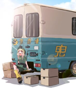 1girl :d belt blonde_hair boots box braid brown_boots cardboard_box gloves gradient_hair green_hat green_shorts hashtag-only_commentary hat highres lens_flare license_plate loose_socks love_live! love_live!_superstar!! low_twin_braids maruyo motor_vehicle multicolored_hair onitsuka_natsumi open_mouth outdoors pink_eyes pink_hair short_sleeves shorts sitting smile socks solo sunlight truck twin_braids yellow_socks